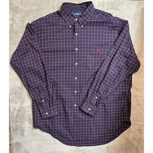 Ralph Lauren Polo Shirt Adult XL Purple Red Plaid Button Up Long Sleeve Mens *
